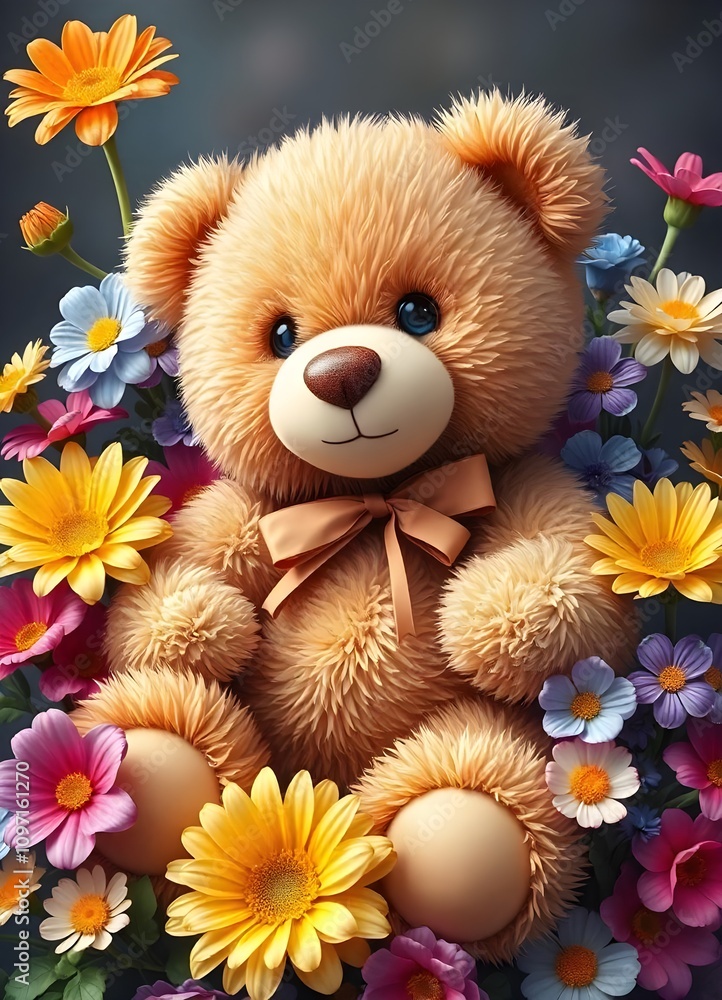 Cute teddy bear surrounded by beautiful flowers Cute teddy bear surrounded by beautiful flowers
