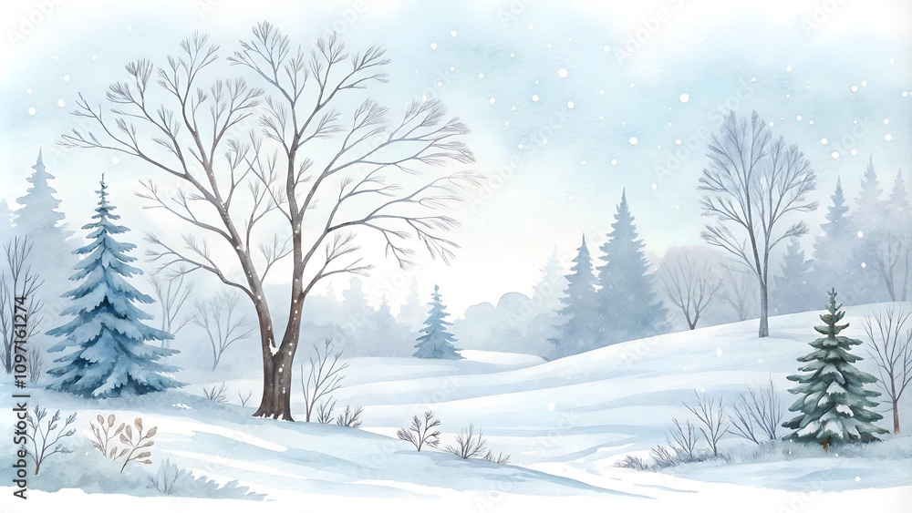 Fototapeta premium Winter, snow trees watercolor horizontal banner 