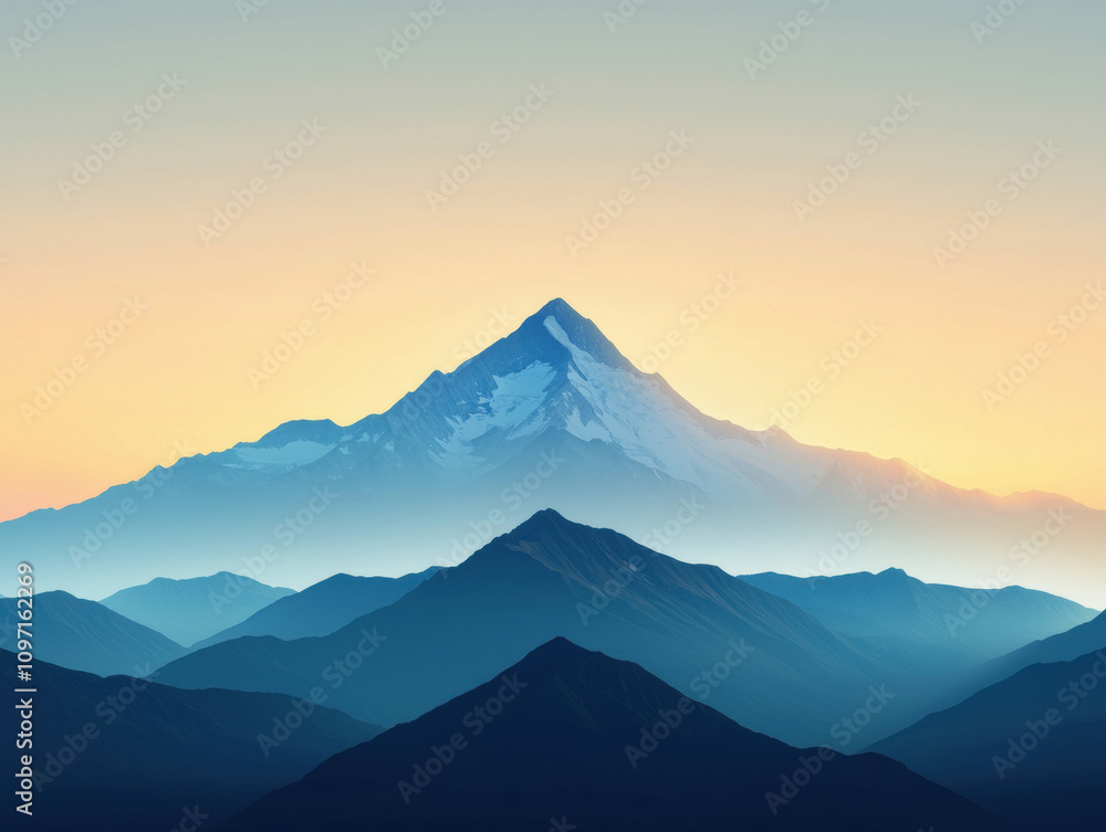 Majestic snow-capped mountain at sunrise with layers of hills, a serene natural landscape. Majestic snow-capped mountain at sunrise with layers of hills, a serene natural landscape.