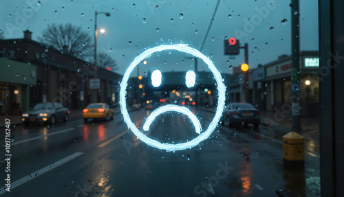 Sad upside down smiley hand drawn symbol on wet glass background, Sad face drawn on wet glass, gloomy atmosphere, urban street view in rain