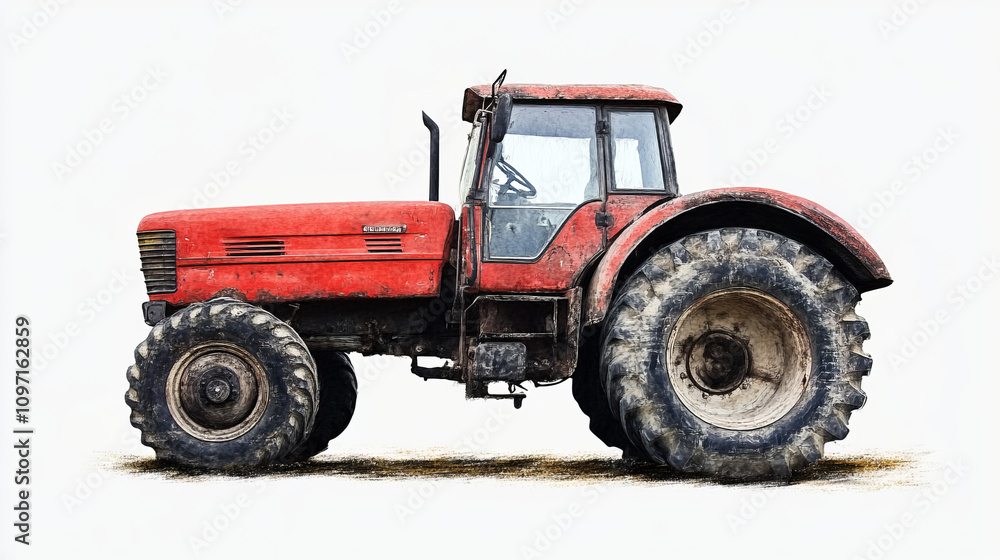 Red and black tractor against white background Red and black tractor against white background