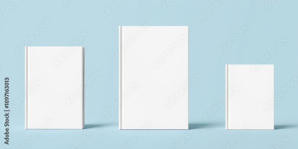A blank book cover mockup displayed in three varying sizes for showcasing design work, three sizes, design, blank A blank book cover mockup displayed in three varying sizes for showcasing design work, three sizes, design, blank