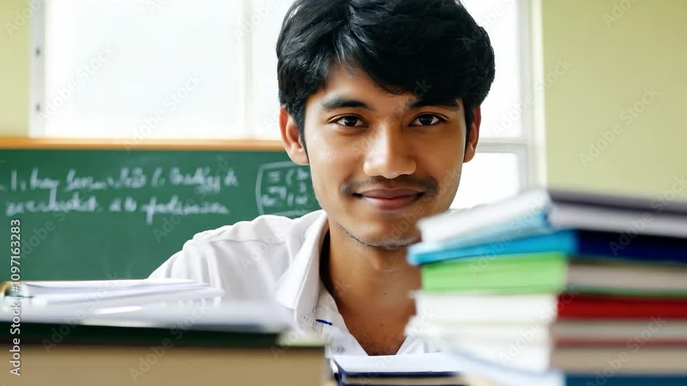 Smiling male student sitting at a desk with books in a bright classroom. Chalkboard in the background. Education and learning concept Smiling male student sitting at a desk with books in a bright classroom. Chalkboard in the background. Education and learning concept