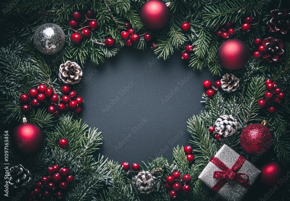 A festive arrangement of Christmas decorations with ornaments, pinecones, and a gift box. A festive arrangement of Christmas decorations with ornaments, pinecones, and a gift box.