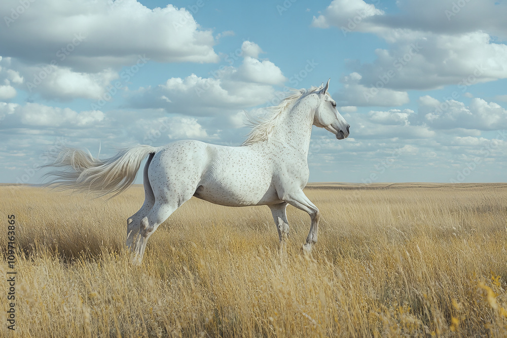 Obraz premium Majestic black horse galloping in a vibrant green meadow under a bright blue sky, embodying freedom, strength, and natural beauty in a serene countryside setting