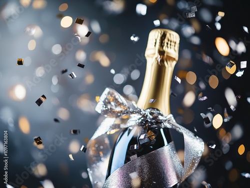 Close-up of a luxury wine bottle with silver ribbon and confetti, setting the tone for a season of celebration during Christmas and New Year. photo