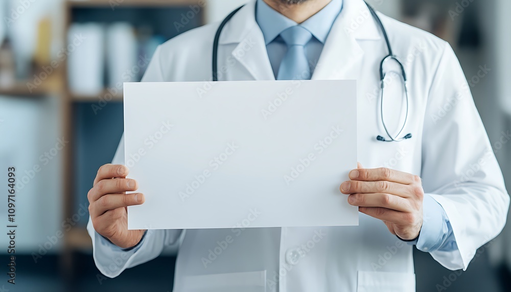 A doctor in a white coat holding a blank sheet of paper, possibly for a presentation. A doctor in a white coat holding a blank sheet of paper, possibly for a presentation.