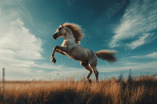 Majestic black horse running gracefully in a vibrant green field under a clear blue sky, perfect for equestrian, nature, and countryside themes photo