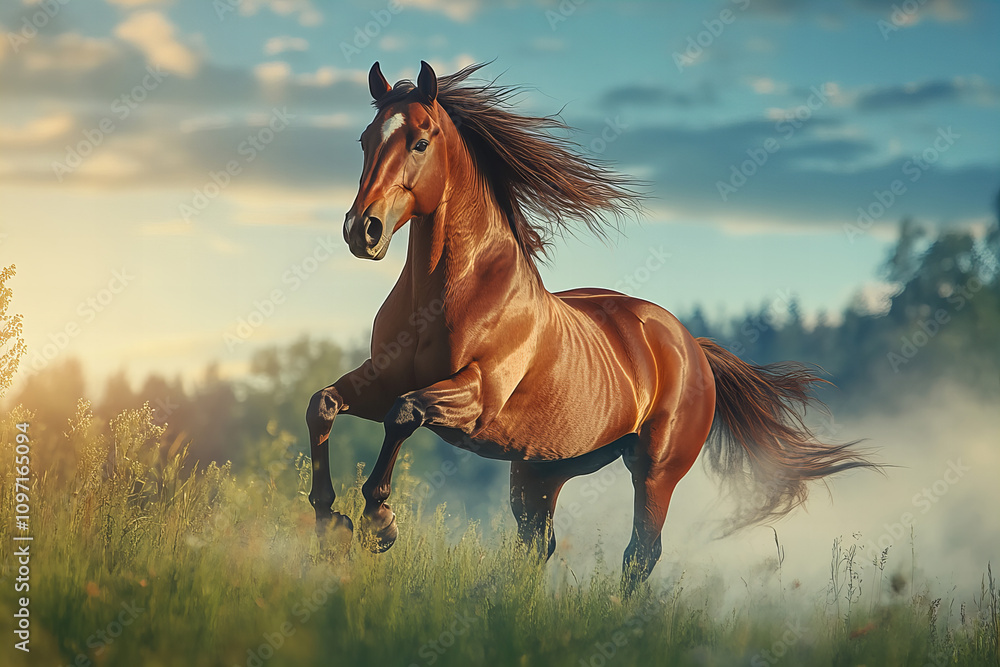 Majestic black horse running gracefully in a vibrant green field under a clear blue sky, perfect for equestrian, nature, and countryside themes Majestic black horse running gracefully in a vibrant green field under a clear blue sky, perfect for equestrian, nature, and countryside themes