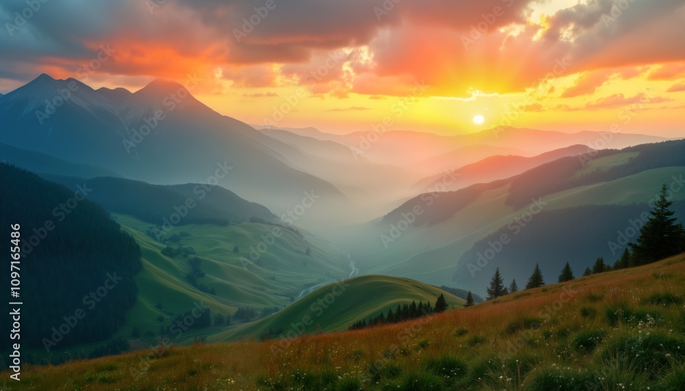 Naklejka premium Sunrise mountain valley landscape. Green hills. Misty valley. Golden sunlight. Scenic nature view. Travel tourism. Summer vacation. Peaceful scenery. Beautiful panorama. Perfect background. Calming