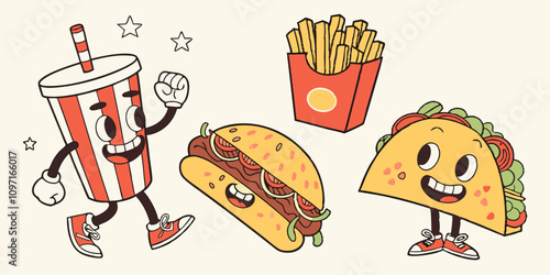 Retro Vector Fast Food Characters Running Playfully Fun Illustration Whimsical Style Cartoon Environment