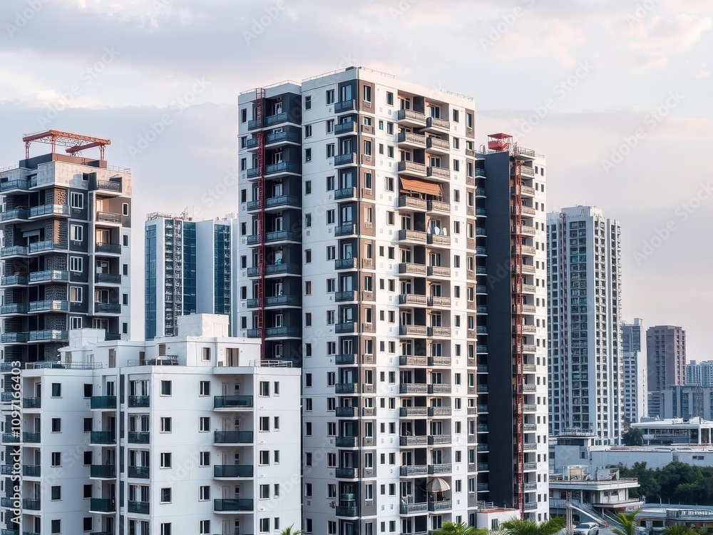 Modern module apartment block with sleek design and modular construction, building, high-rise Modern module apartment block with sleek design and modular construction, building, high-rise