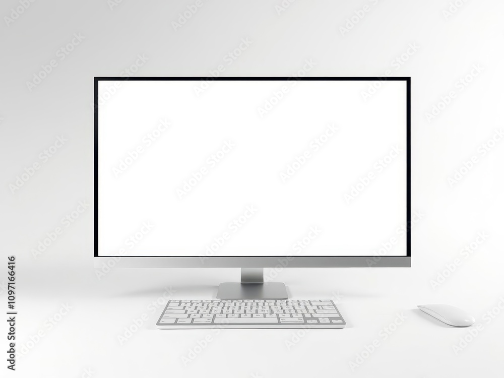 Fototapeta premium Modern slim computer with sleek metallic design, minimalistic keyboard, and large high-resolution screen on a clean white background, white background, large screen, keyboard