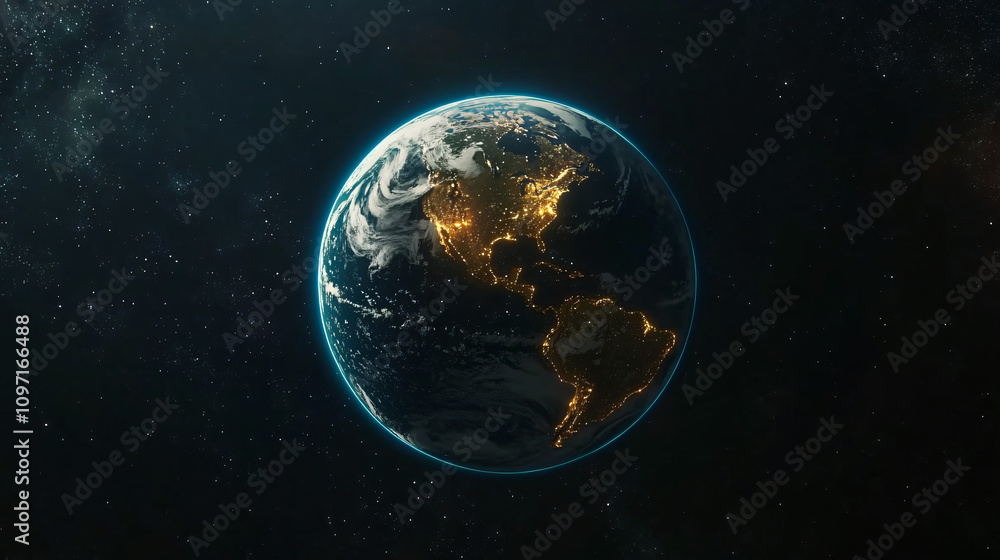 Obraz premium Nighttime view of north and south america from space, with city lights and stars in the background