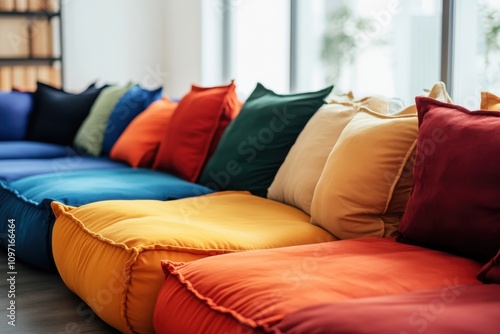 Colorful cushions arranged in a cozy lounge area of a modern space