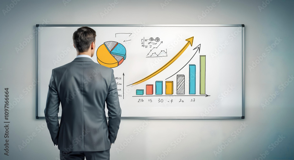 Businessman analyzing growth strategies on a whiteboard with graphs and charts Businessman analyzing growth strategies on a whiteboard with graphs and charts