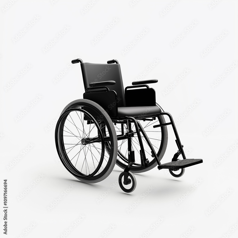 Fototapeta premium Empty black wheelchair standing on white background representing disability and accessibility