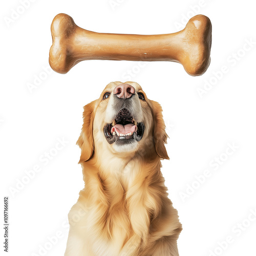 Golden retriever looking up at floating bone with transparent background