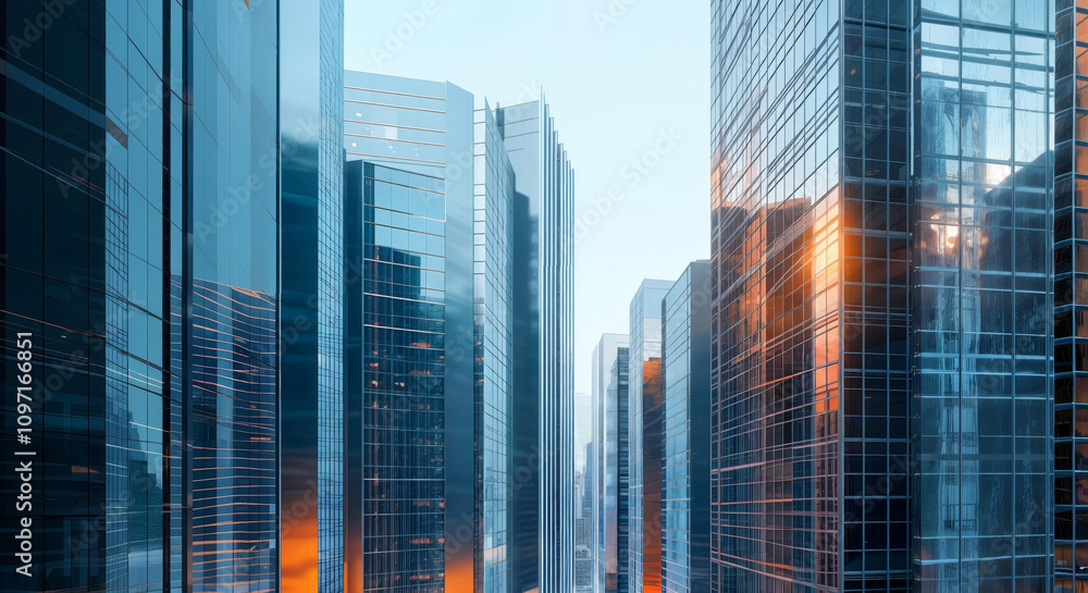 Modern skyscrapers reflecting sunset in urban business district Modern skyscrapers reflecting sunset in urban business district
