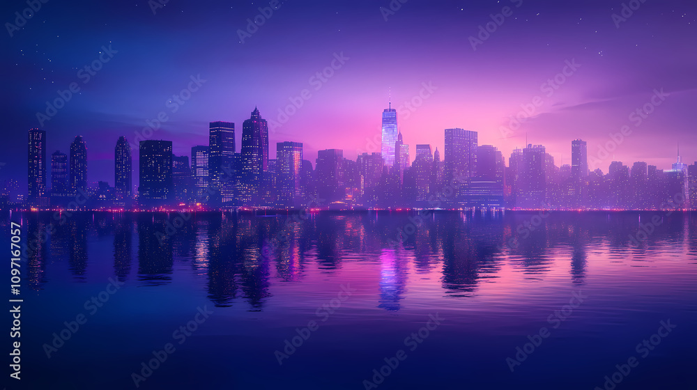 Fototapeta premium Majestic dark skyline of a futuristic city at dusk with misty waters below. Dreamlike Skyline Reflections. Illustration