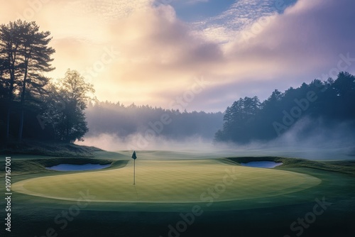 Morning fog envelops a tranquil golf course with a distant forest backdrop photo