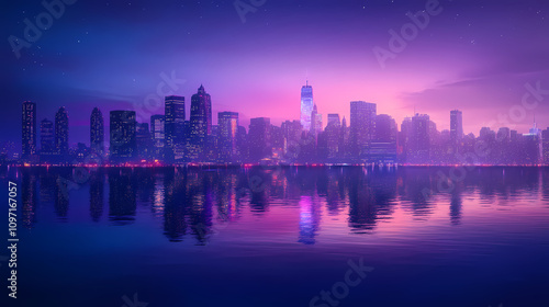 Majestic dark skyline of a futuristic city at dusk with misty waters below. Dreamlike Skyline Reflections. Illustration