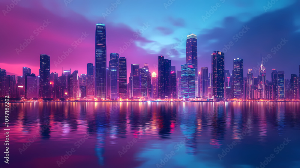 Fototapeta premium Futuristic neon skyline at dusk with illuminated skyscrapers and cityscape reflections. Dreamlike Skyline Reflections. Illustration