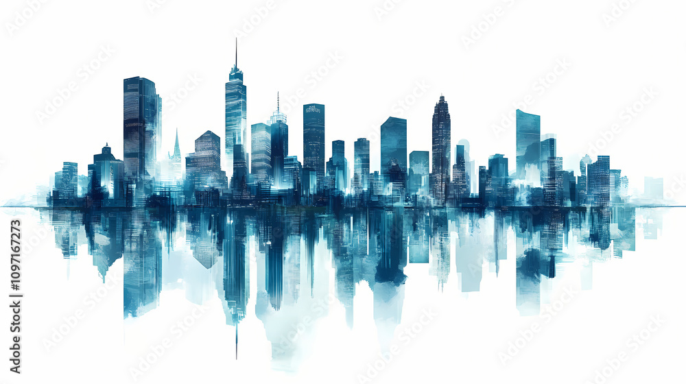Futuristic city skyline with abstract reflections on white background. Dreamlike Skyline Reflections. Illustration Futuristic city skyline with abstract reflections on white background. Dreamlike Skyline Reflections. Illustration