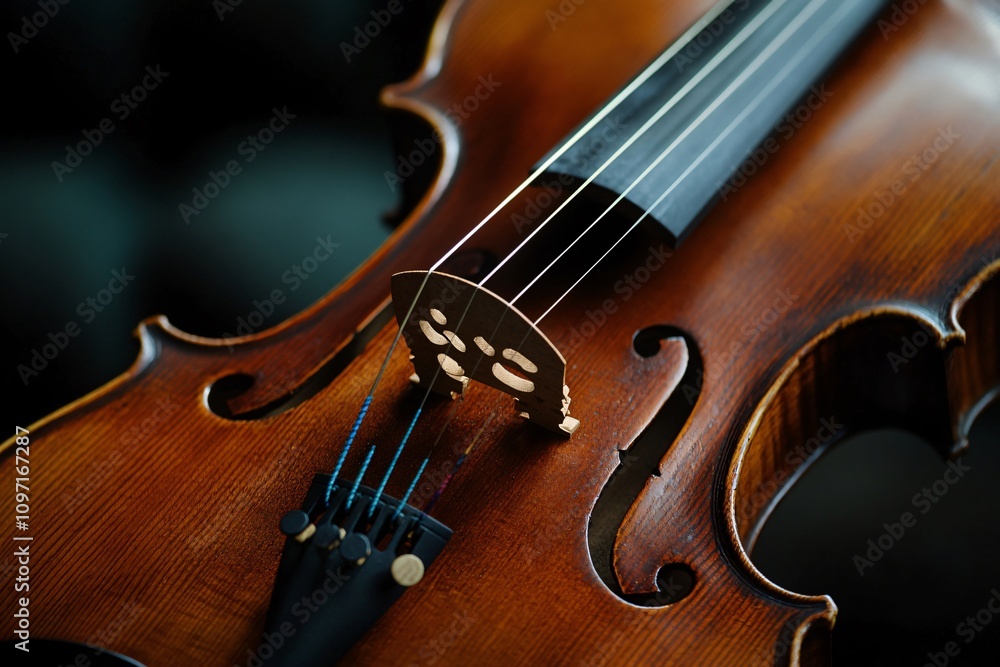Close up of a polished violin highlighting the bridge, strings, and f holes, showcasing the instrument's craftsmanship and musical heritage Close up of a polished violin highlighting the bridge, strings, and f holes, showcasing the instrument's craftsmanship and musical heritage
