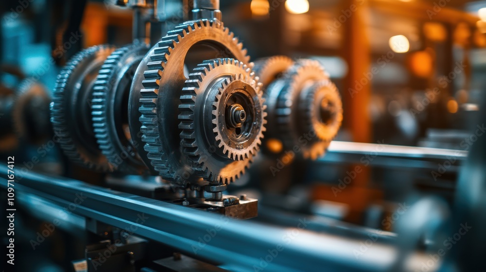 Fototapeta premium Close-up of interlocking gears in an industrial setting, showcasing machinery.