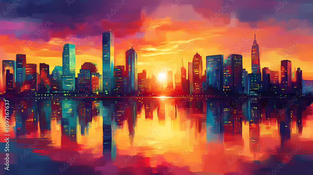 A dreamlike shopping district at sunset with vibrant colors and reflections. Dreamlike Skyline Reflections. Illustration A dreamlike shopping district at sunset with vibrant colors and reflections. Dreamlike Skyline Reflections. Illustration