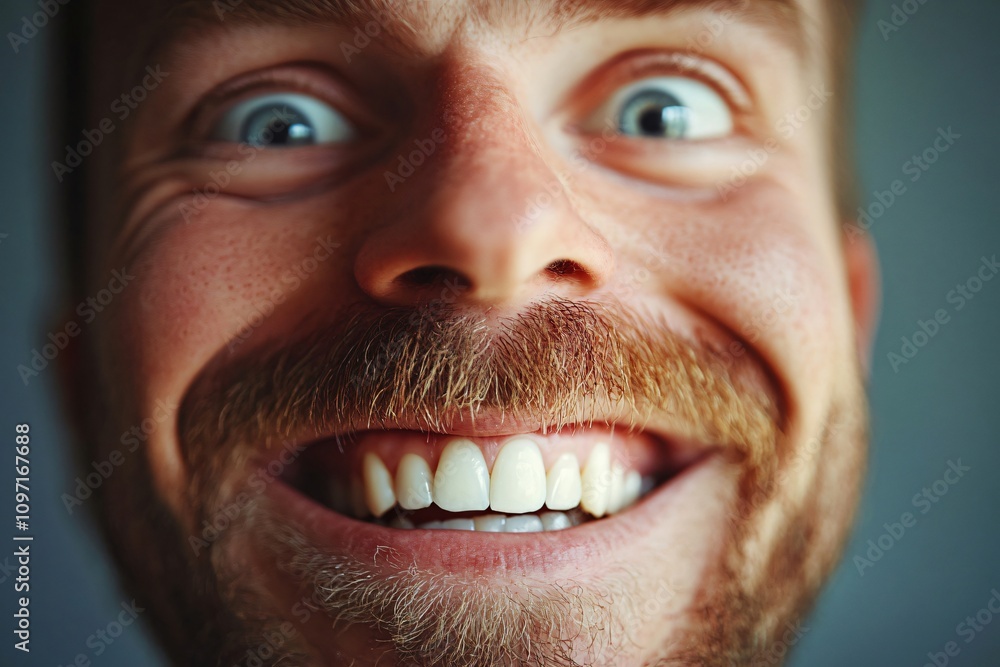 Portrait of excited man with wide opened eyes and big sincere smile showing perfect teeth Portrait of excited man with wide opened eyes and big sincere smile showing perfect teeth