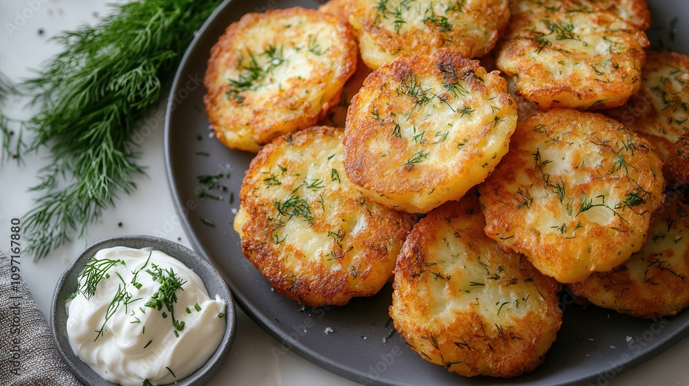Fototapeta premium Golden potato fritters served with dill and cream cheese on a gray plate, perfect for any meal or snack