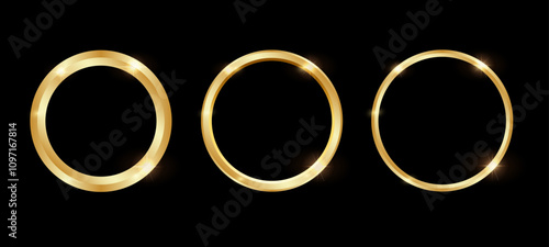 Golden Bling Round Picture Frame and Ring on Black Background. 3D Realistic Modern Circle Template for Banner, Background, Photos, Paintings, and Cards. Vector.