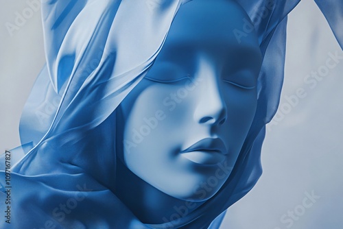 Close up of a mannequin head covered with flowing blue fabric, creating an artistic and elegant composition