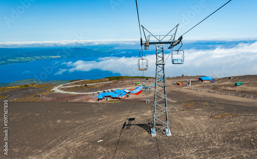 Volcano Osorno, Chile - December 6, 2019: Chairlift on the stratovolcano Osorno in the Southern Chile. 