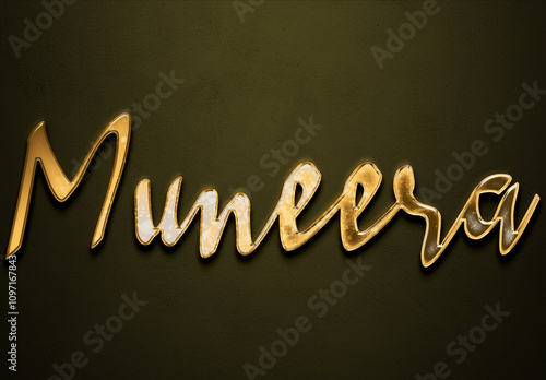 Old gold text effect of Arabic name Muneera with 3D glossy style Mockup. photo