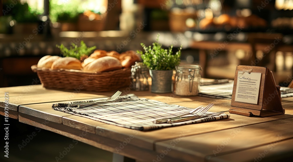 A rustic dining table set with cutlery, a menu, and a basket of fresh bread. A rustic dining table set with cutlery, a menu, and a basket of fresh bread.