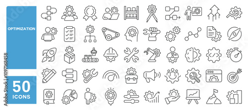 Set of 50 line icons related to optimization, process, workflow, operation, transmission, operation, management, progress, Editable stroke. Vector illustration