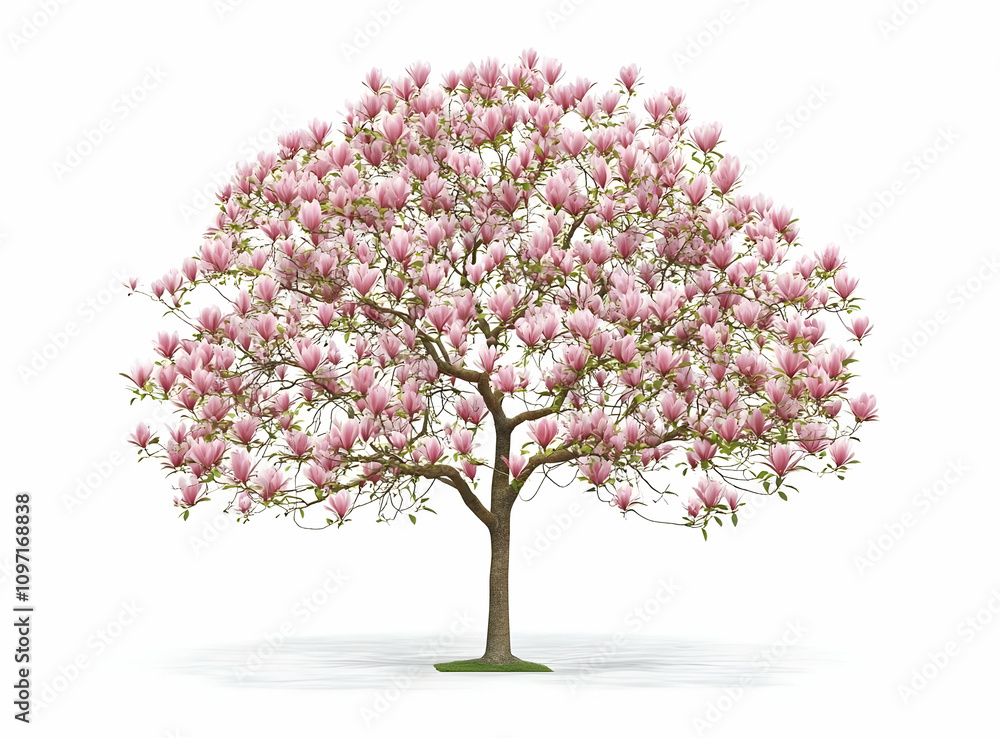 Naklejka premium Pink Magnolia Tree in Full Bloom with Vibrant Flowers and Foliage