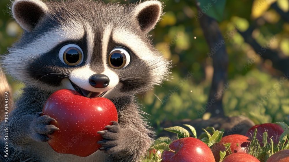 A cute raccoon happily enjoying a red apple among other apples in a lush environment. A cute raccoon happily enjoying a red apple among other apples in a lush environment.