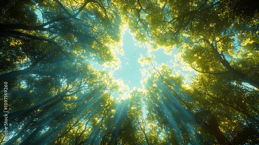 Obraz premium Sunlight streaming through lush canopy enchanted forest nature photography serene environment upward view tranquility