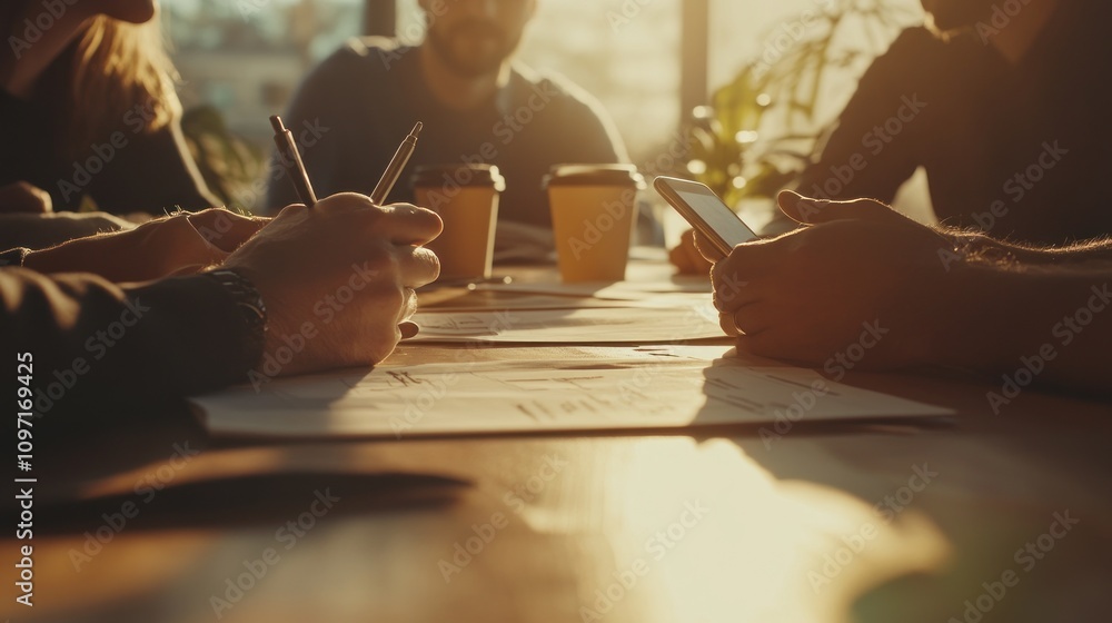Group discussion with coffee cups and smartphones on a wooden table in a bright setting. Group discussion with coffee cups and smartphones on a wooden table in a bright setting.