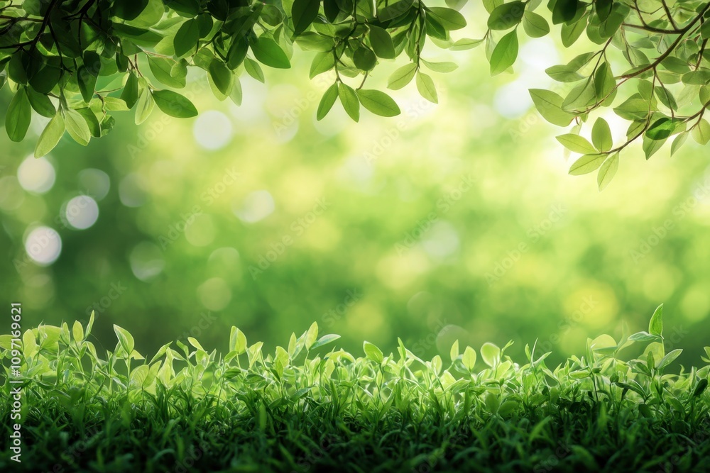 Green leaves and grass under soft sunlight create a peaceful natural environment Green leaves and grass under soft sunlight create a peaceful natural environment