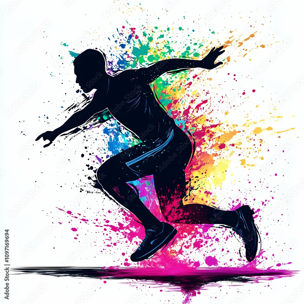 Athletic Figure in Motion Surrounded by Colorful Paint Splashes Athletic Figure in Motion Surrounded by Colorful Paint Splashes