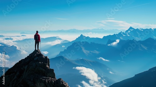 Hiker Standing on a Cliff Overlooking Majestic Mountain Peaks