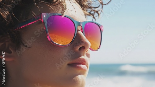 Youthful individual wearing stylish sunglasses at the beach summer vibe close-up shot relaxing atmosphere sunlit environment