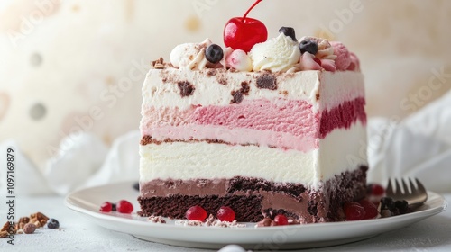 Delicious layered ice cream cake home kitchen food photography bright lighting close-up indulgent dessert recipe