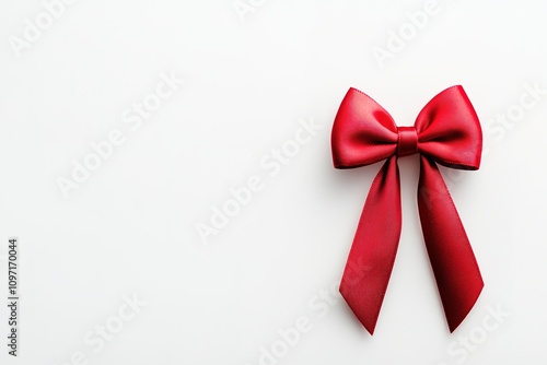 Red satin bow on white background, space for text