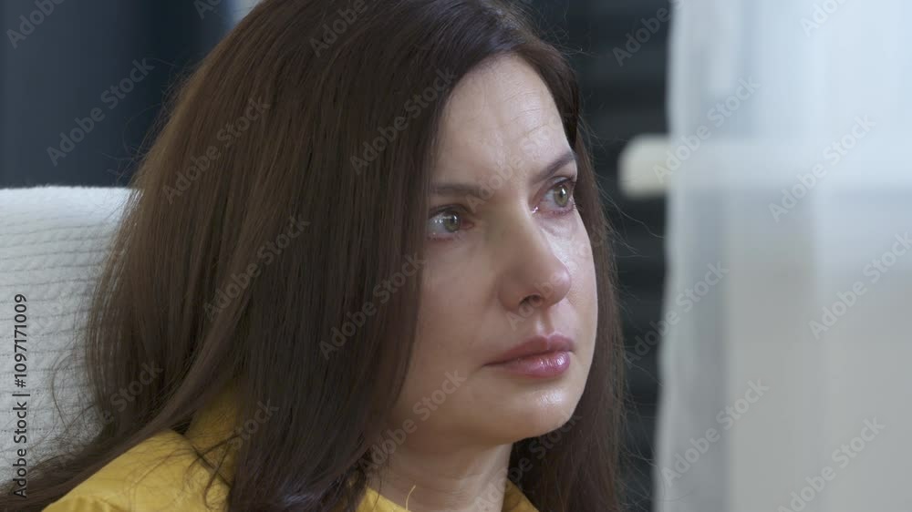 Adult 44 year old woman sitting on sofa in living room in front of TV watching melodrama. Impressionable woman cries wiping tears worried while watching movie. Adult 44 year old woman sitting on sofa in living room in front of TV watching melodrama. Impressionable woman cries wiping tears worried while watching movie.